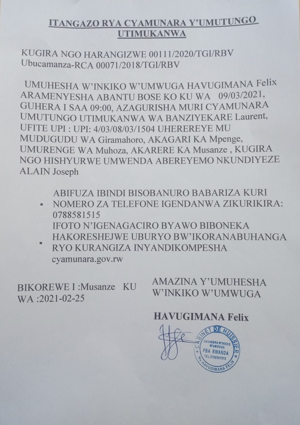 Itangazo rya Cyamunara y’umutungo utimukanwa - UMURENGEZI